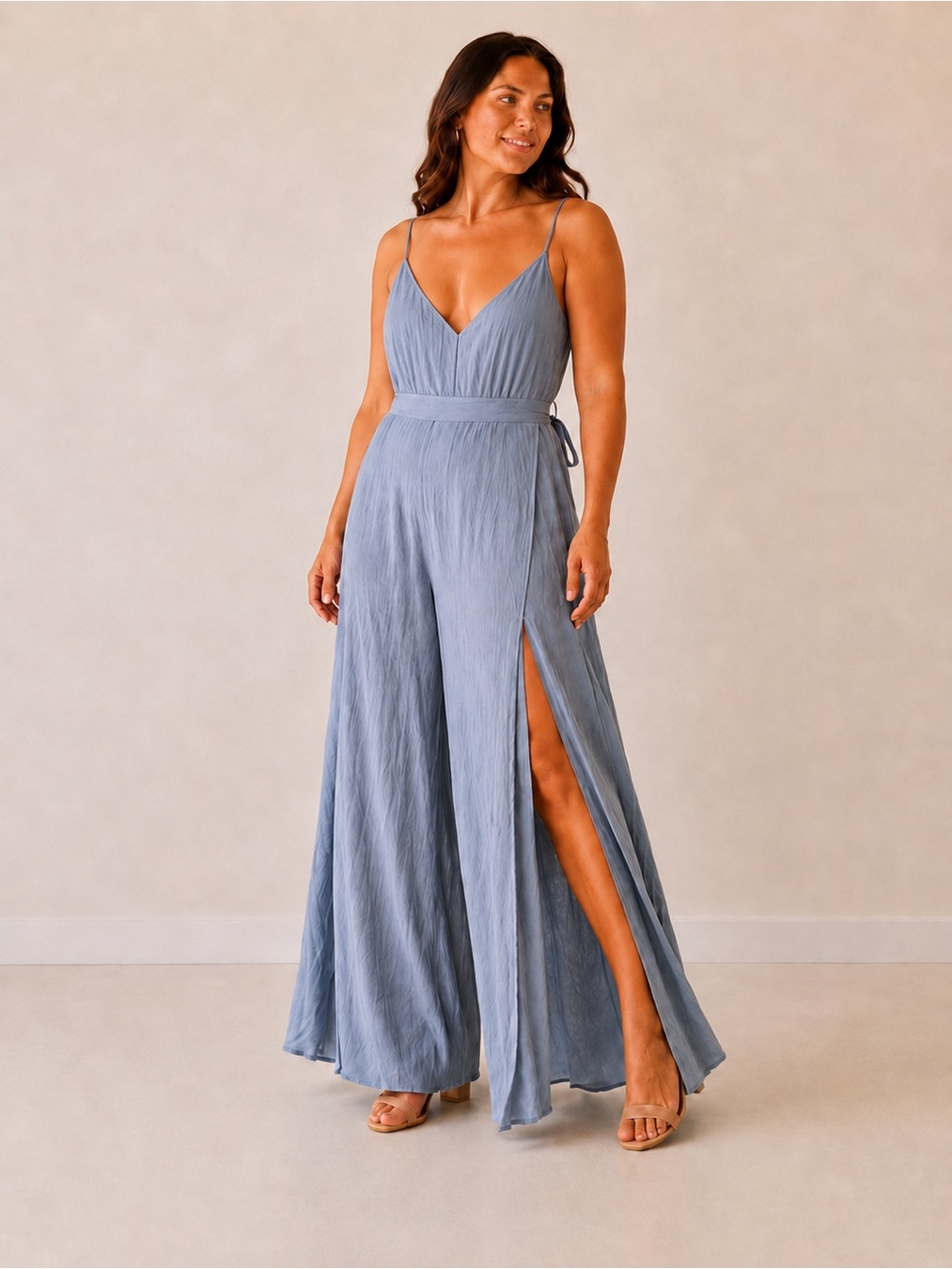 V-Neck Spaghetti-Strap Wide-Leg Jumpsuit in Dusty Blue size L
